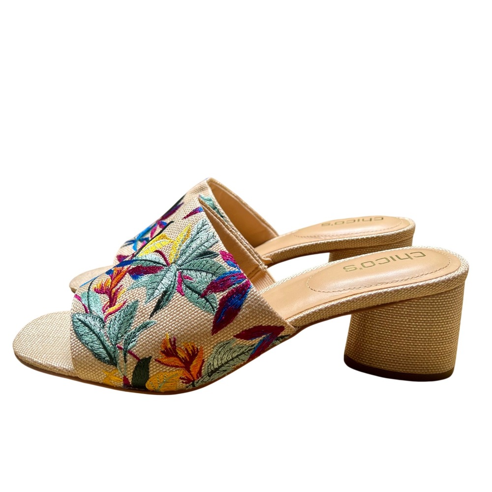 Chicos Whimsy Embroidered Slide Sandals Natural Floral Block‎ Heel Mules 10 NEW